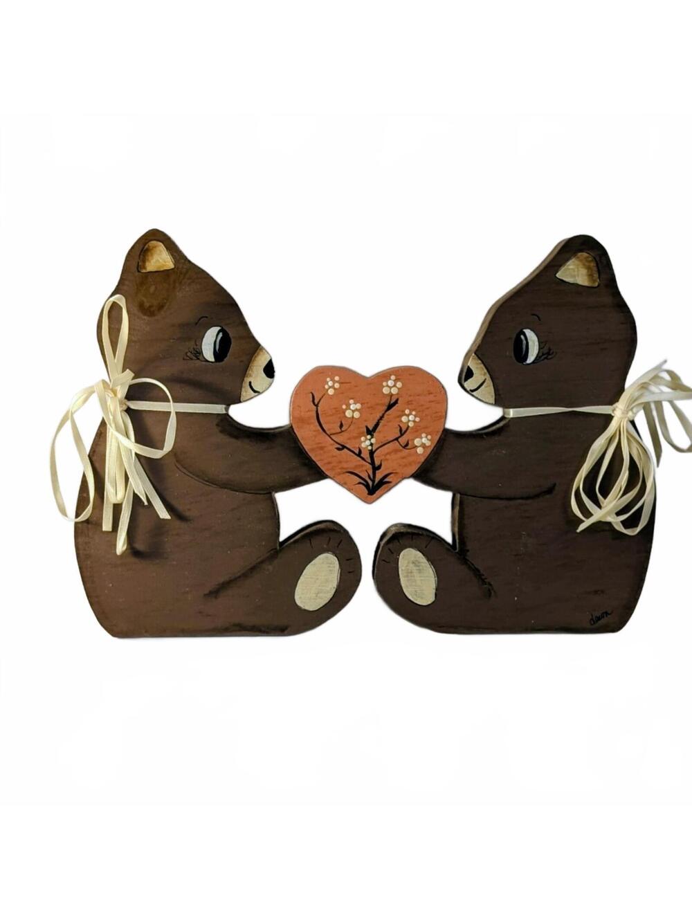 Vtg Wooden Bear Couple Holding Heart Hanger